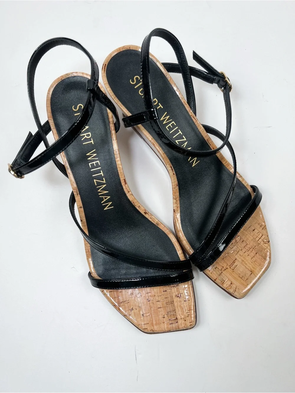 Stuart Weitzman Oasis 50 Wedge Sandal Black Patent Leather Cork size 6.5B